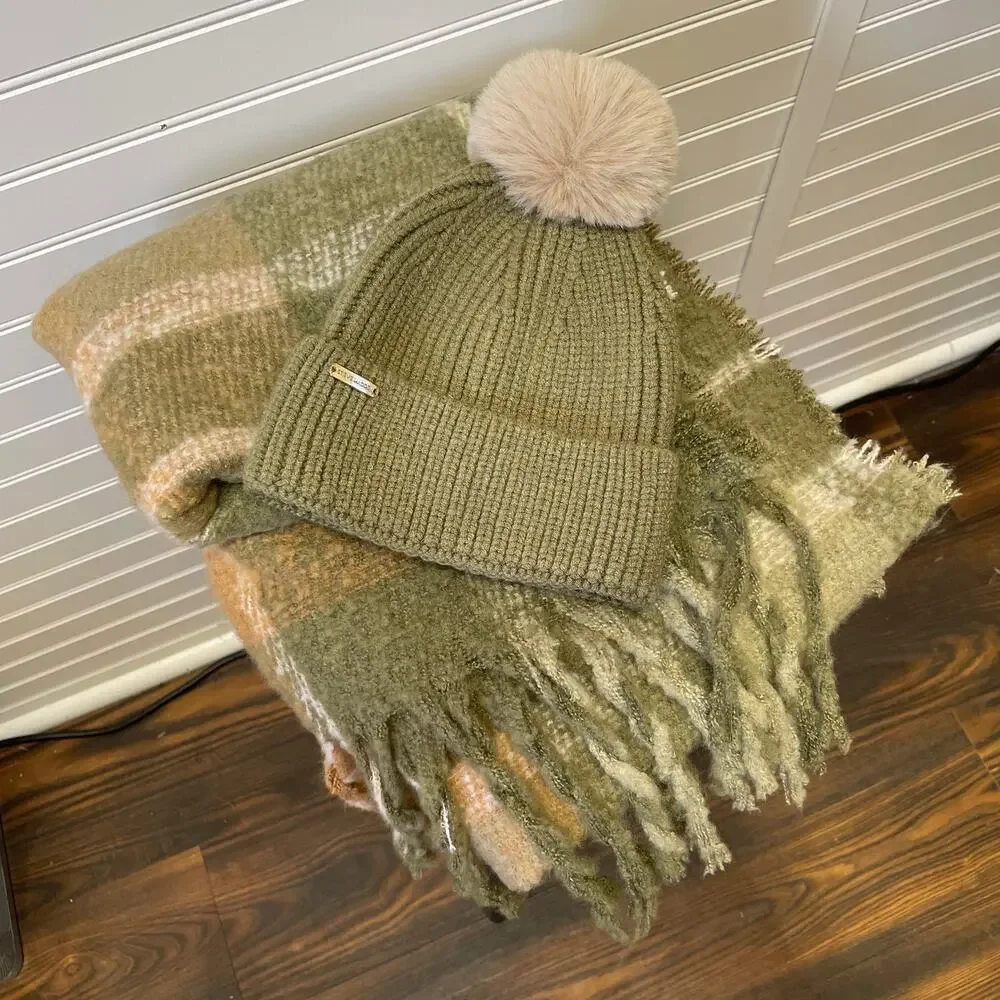 Steve Madden Olive Green and Tan Scarf Hat Glove Set